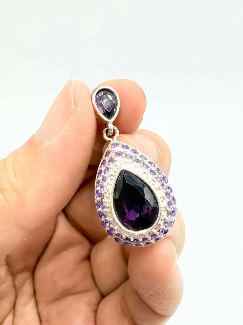 NRT Purple Teardrop Crystal Pendant Silver Tone Signed
